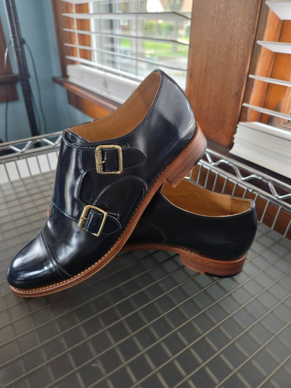 The Office of Angela Scott Navy Double Monk Strap Leather Shoes 8.5